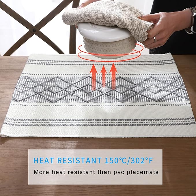 LUFEIJIASHI Elegant Thick placemats for Dining Table Decor Farmhouse Heat Resistant Table Place mats Set of 4 Quality Woven Cloth Placemats Washable Dinner mats (Grey, 4)