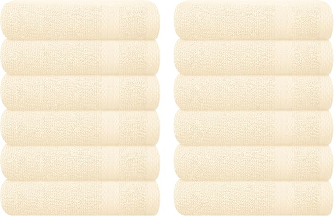 GLAMBURG Ultra Soft 12-Piece Washcloths Set 13x13-100% Ringspun Cotton - Durable & Highly Absorbent Face Towels - Ideal for use in Bathroom, Kitchen, Gym, Spa & General Cleaning - Ivory