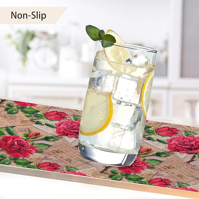 Red Rose Flower Placemats Set of 6,Stamp Vintage Linen Washable Kitchen Dining Table Mats Heat Resistant Place Mats for Home Party Indoor Holiday 12x18 Inch