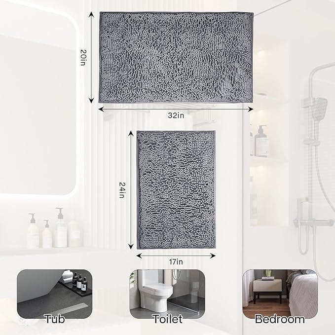 Bathroom Rugs 2 Pieces Chenille Bath Rug Mat, Extra Thick and Soft Absorbent Bath Rugs, Machine Washable, Non-Slip Plush Bath Mats for Tub, Shower, and Bath Room, (dark gray, 32"x20"+24"x16")