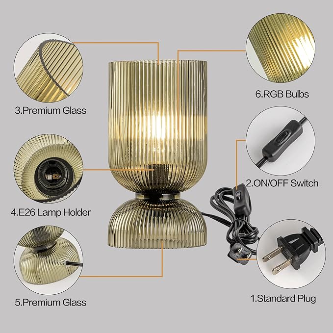 Modern RGB Glass Table Lamp with Remote,Color Changing Bedside Lamp with Green Glass Shade, 16 Colors, On/Off Cord Switch, Nightstand Lamp for Bedroom, Living Room, Office,Bulb Included
