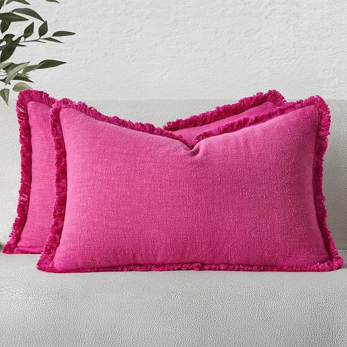 MIULEE Decorative Lumbar Throw Pillow Covers Neutral Linen Fringe Throw Pillows Set of 2 Hot Pink Boho Farmhouse Cushion Covers for Couch Sofa Bed Living Room Spring Home Decor 12x20 Inch