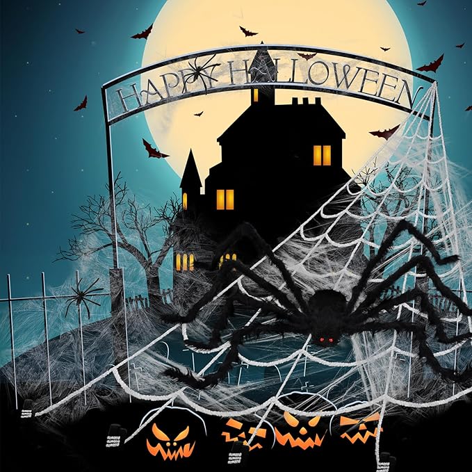 Halloween Spider Web and Giant Spiders Decorations Set Triangle Spider Web & Realistic Scary Fake Large Hairy Black Spider Props for Indoor/Outdoor Porch & Yard Parties Haunted House Halloween Décor