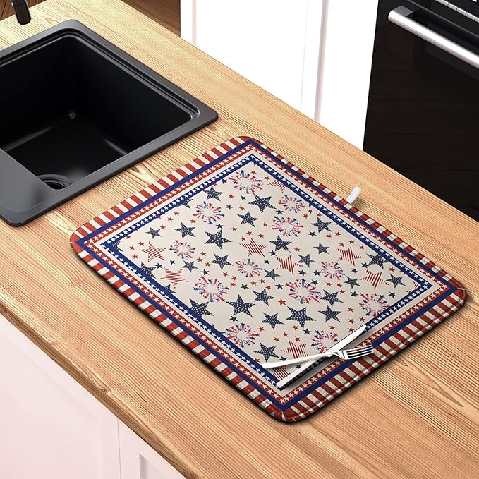 Happy 4th of July Patriotic Dish Drying Mat 16 x 18 Inch US Independence Day Vintage Star Kitchen Drying Mat Blue White Red Dish Drainer Mats Super Absorbent Dish Rack Pad for Coffee Bar Sinks