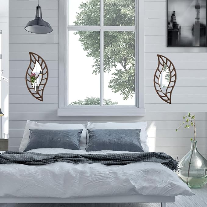 Roowest 2 Pcs Decorative Mirror Wall Decor Leaf Teardrop Mirror Wall Mounted Decorations for Living Room Bedroom Bathroom Vanity Entryway Office(Brown)