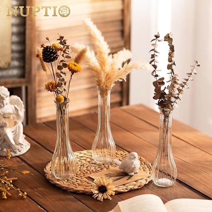NUPTIO Glass Bud Vases Centerpiece: 12 Pcs Small Flower Vase for Wedding in Bulk - Cute Clear Ribbed Vase for Party Events Home Table Decor