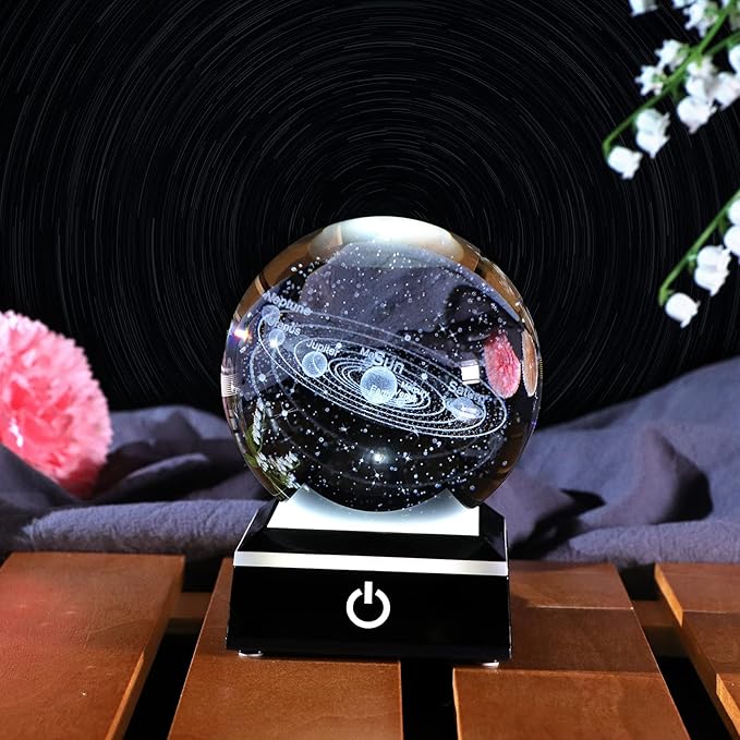 Ornalrist 3.15" K9 Crystal 3D Solar System Ball with Black LED Colorful Lighting Touch Base, Engraving Solar System Star Planet Model Decor, Science Universe Astronomy Gifts for Astronomy Lovers