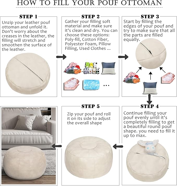 Thgonwid Unstuffed Moroccan Ottoman Pouf Cover, Ottoman Footstool Storage Solution, Bean Bag Chair, Foot Rest, Ivory White