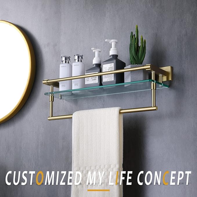 KOKOSIRI Bathroom Shelves with Towel Holder Rustproof 20'' Bathroom Tempered Glass Shelf with Rails Wall Mounted Stainless Steel, Brushed Gold Finish, B1103BG-L20