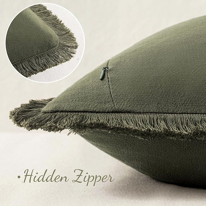 MIULEE Decorative Throw Pillow Covers Neutral Linen Fringe Throw Pillows Set of 2 Olive Green Boho Farmhouse Cushion Covers with Tassels for Couch Sofa Bed Living Room Spring Home Decor 16x16 Inch