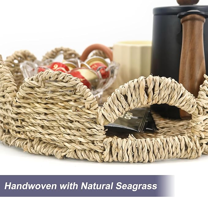 Scalloped Edge Round Serving Tray, Built-in Handles, Decorative for Coffee Table, Seagrass Rattan 13 Inch