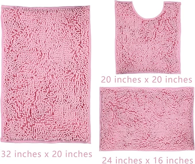 Pink Bathroom Rugs Sets 3 Piece Washable, Luxury ,Chenille Bath Mat Set, Soft Plush Anti-Slip Rectangular Bath, Rug Super Absorbent.3 Pieces Bathroom (Pink, 32"x20"+24"x16"+U Shape 20"x20")