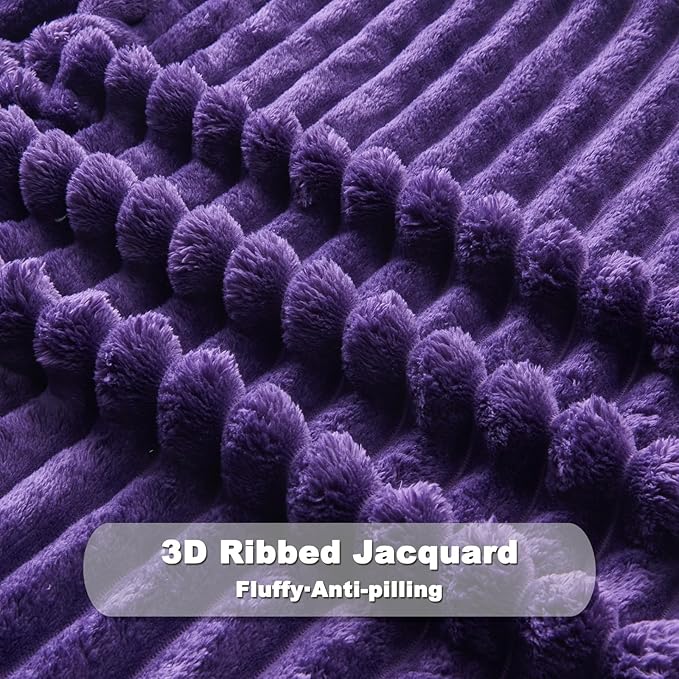 NEWCOSPLAY Super Soft King Blanket Purple Premium Silky Flannel Fleece 3D Ribbed Jacquard Lightweight Bed Blanket All Season Use (Purple Ribbed, King(90"x110"))