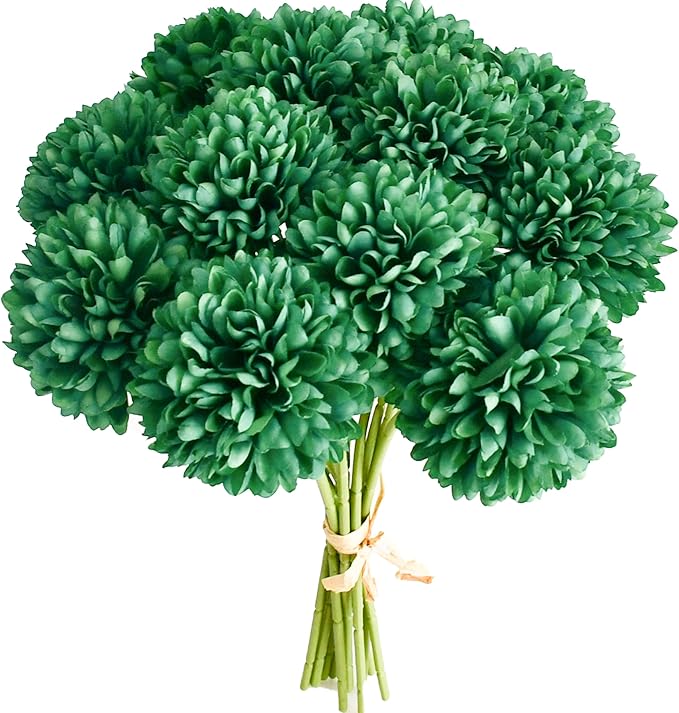 Mandy's Dark Green Artificial Ball Chrysanthemum 12 Stems Faux Flowers with Bendable Stems for DIY Wedding Centerpiece Fall Decor Home Arrangements