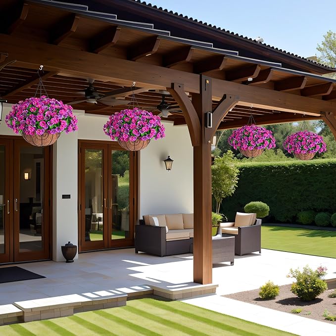Artificial Hanging Flowers with Basket, Faux Silk Petunias Flower Arrangement, Coconut Lining with Morning Glories Fake Plants Patio Garden Porch Deck Spring Summer Decor(Lotus and Fuchsia)
