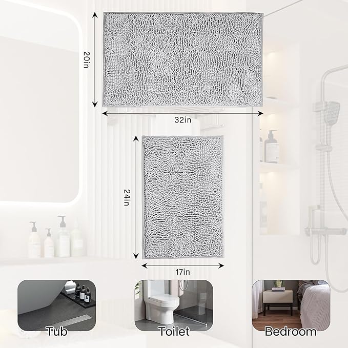 Light Gray Bathroom Rugs 2 Pieces Chenille Bath Rug Mat, Extra Thick and Soft Absorbent Bath Rugs, Machine Washable, Non-Slip Plush Bath Mats for Tub, Shower, (Light Gray, 32"x20"+24"x16")