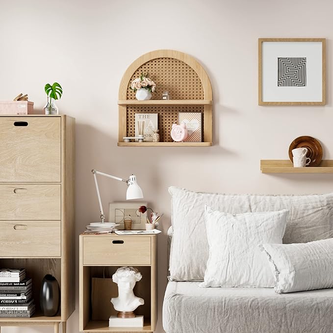 2 Tier Fan-shaped Rattan Wall Shelf, Nursery Shelf for Wall Storage, Natural Pine Wood Wicker Wall Shelf, Boho Shelf for Netural Nursery Decor, Decorative Shelf for Living Room, Bedroom & Bathroom