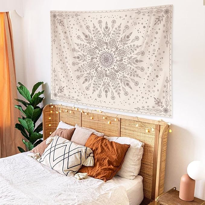 Lunerfex Boho Floral Tapestry Mandala Wall Tapestry, Cute Tapestries for Bedroom Beige Flower Tapestries Wall Hanging for Bedroom Living Room Wall Decor Beige-1 60"x80"