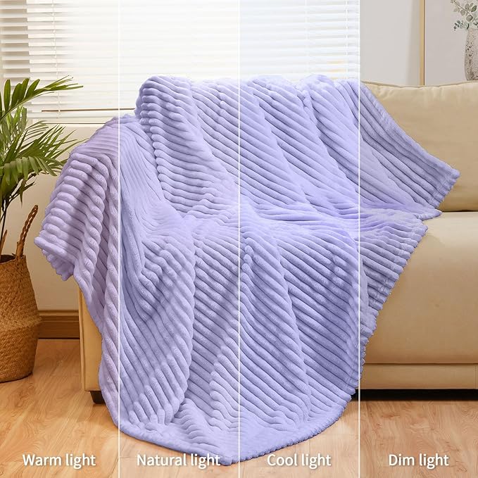 Bnuitland Light Purple Flannel Throw (60X80 inches) with Storage Pouch,300GSM Super Soft Fleece Stripe Pattern Sofa Blanket for Adults, Lightweight Cozy Bed Throw for Home Decor All Season