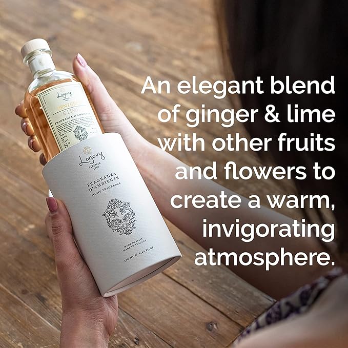 Logevy Firenze 1965 Zenzero e Lime – Ginger & Lime Luxury Home Fragrance Diffuser from Master Perfumer with Spicy, Floral & Fruity Notes in Elegant Glass Bottle with 10 Natural Bamboo Reeds –250ml