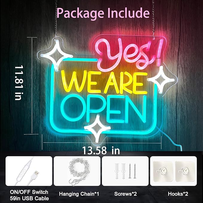 Open Signs for Business, Open Sign Led Neon Open Sign Bright Light Dimmable Led Yes We Are Open Sign for Business Window, Lighted Up Neon Sign for Wall Decor Bar Salon Coffee Stores Club Hotel