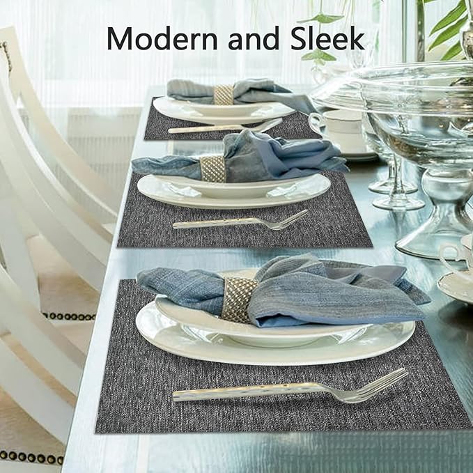 DACHUI Placemats Set of 6, Linen Look Woven Place Mats, Water Resistant, Heat Resistant, Washable, Durable Table Mats (Dark Grey)