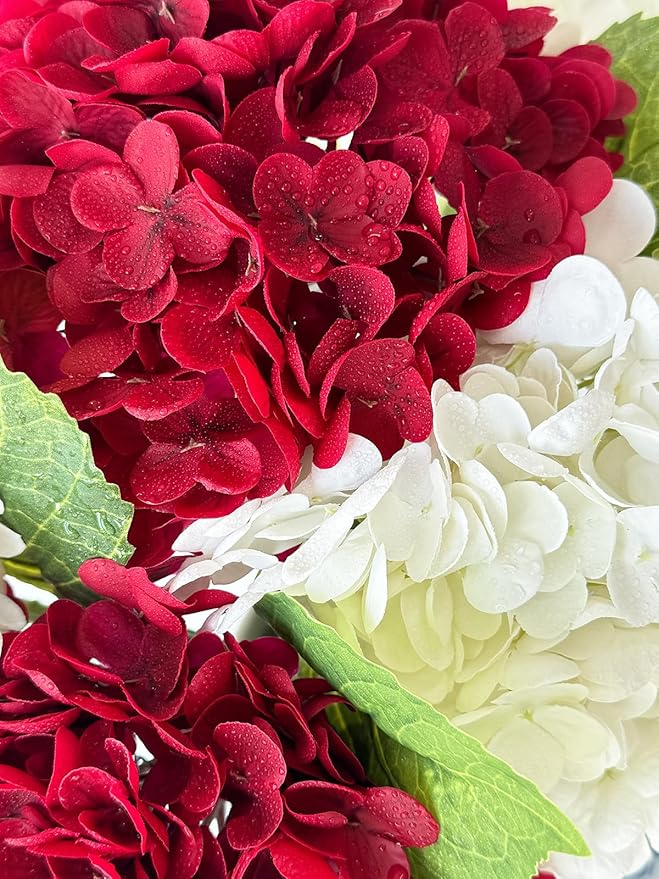 YalzoneMet 4 Pcs Hydrangea Artificial Flower Lifelike 21'' Long Stem Latex Real Touch Hydrangea for Xmas Home Party Kitchen Thanksgiving Table Centerpiec Christmas Wedding Decor 2 White + 2 Burgundy
