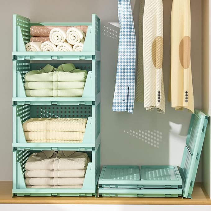 Closet Organizer, 4 Pack Stackable Storage Bins for Closet Shelves, Plastic Storage Drawers Basket Weekly Clothes Organizer for Kids(4L)(Green)