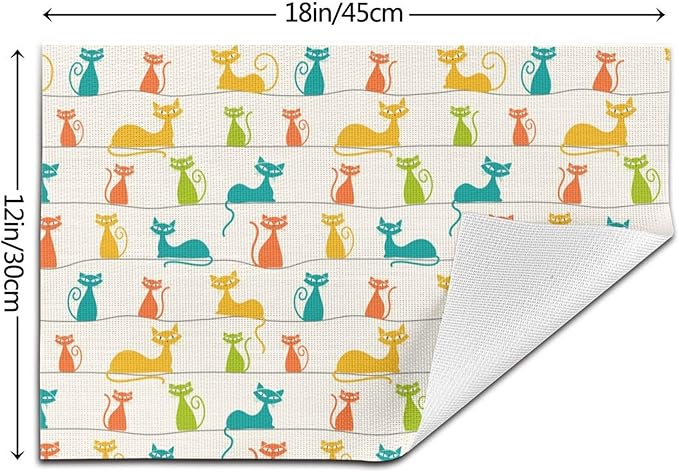 Mid Century Modern Cats Placemats Set of 4, Linen 12"x18" Cute Place Table Mat Washable Heat Resistant for Kitchen Dining Holiday Party Home Decor
