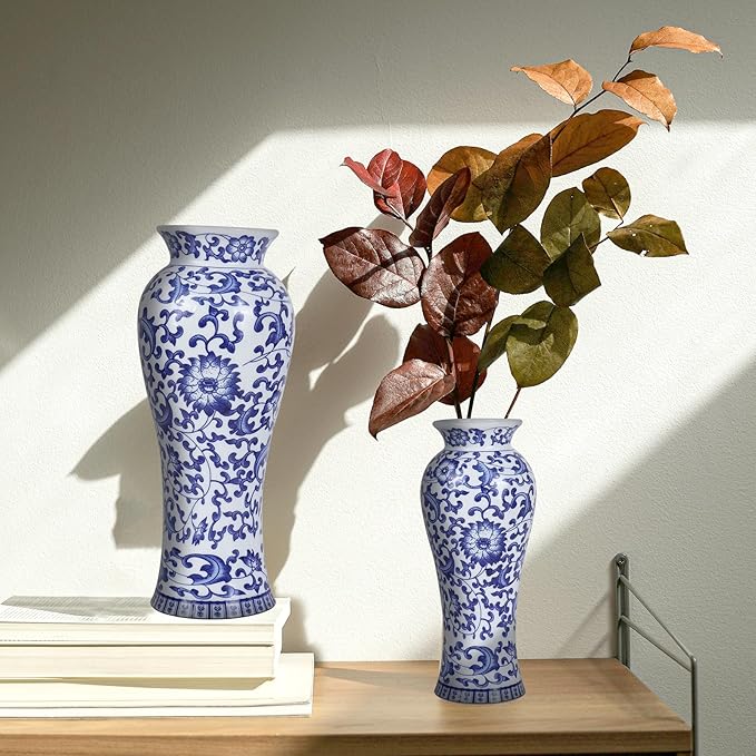 Chinoiserie Blue and White Vases,Living Room Centerpiece Ceramic Vase for Office Bedroom Chinoiserie Vintage Willow Flower Vases Decor (Lotus-M)