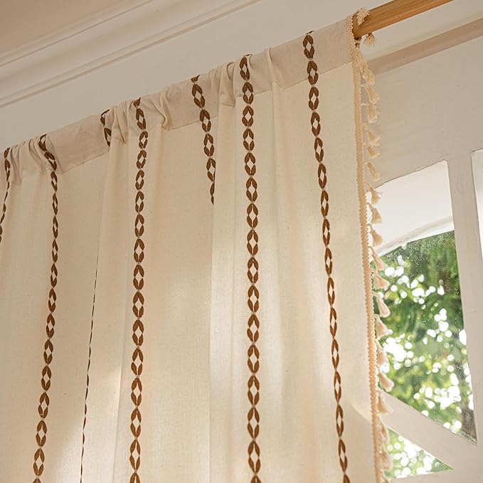 Sutuo Home Boho Curtains for Bedroom Living Room 96 Inches Long, Bohemian Drape Privacy Country Rustic Semi Blackout Farmhouse for House Decor Rod Pocket, 1 Panel W52 x L96 White and Coffee