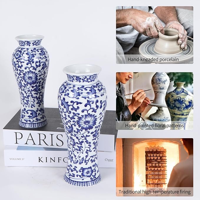 Chinoiserie Blue and White Vases,Living Room Centerpiece Ceramic Vase for Office Bedroom Chinoiserie Vintage Willow Flower Vases Decor (Lotus-M)