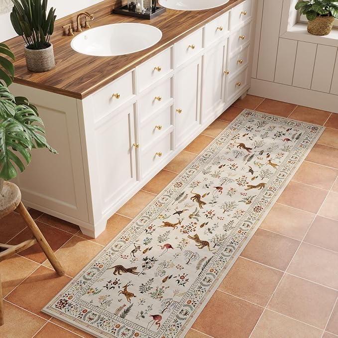 Runner Rug for Kitchen Non Slip 2'6''x8' Washable Rugs with Rubber Backing Soft Floral Animal Carpet Runner for Kitchen, Laundry, Bedroom, Bathroom (Beige)