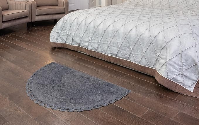 Half Circle Bohemian Bathroom Rug with Handwoven Chrochet Border, Beautifully Handcrafted 100% Cotton Mat - 22x42", Round Boho Bedroom Rug, Boho Bathroom Décor, Machine Washable - Charcoal Grey