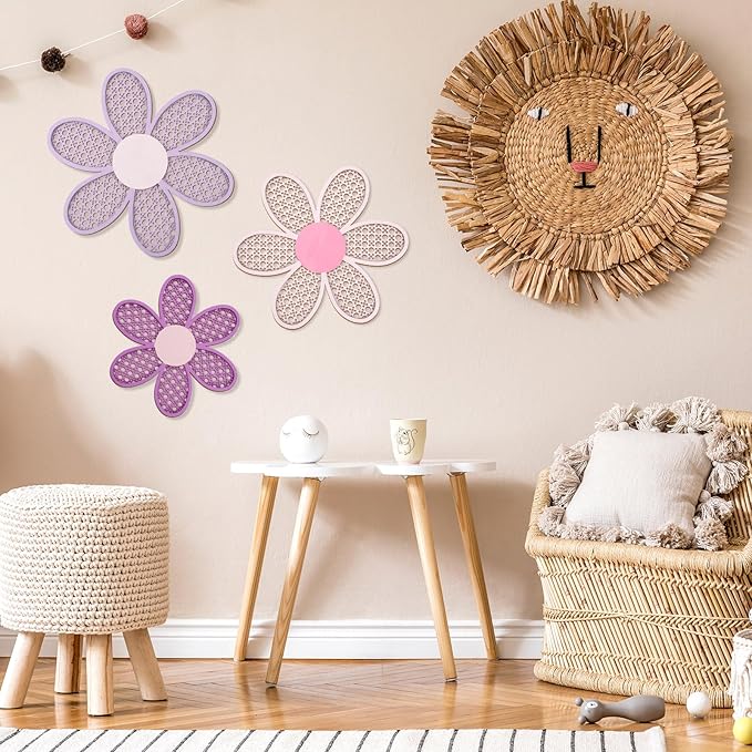 Maitys 3 Pieces Boho Daisy Wall Decor Natural Rattan Flower Wall Hanging Art Wooden Boho Art Nursery Flowers Farmhouse Hanging Decor for Home Office Nursery(Pink, Purple)