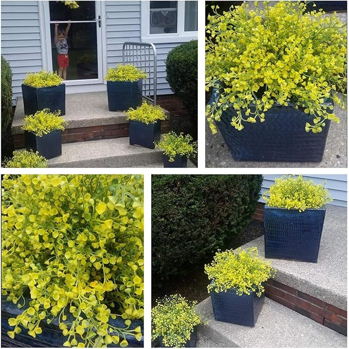 CATTREE Artificial Shrubs Bushes, Plastic Fake Plants Wedding Indoor Outdoor Home Garden Verandah Kitchen Office Table Centerpieces Arrangements Christmas Decoration Yellow 4 pcs