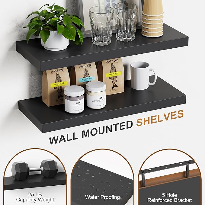 Bellsal Floating Shelves for Wall, Black Engineered Wood Wall Shelf Set of 2, 24" Wall Mounted Floating Shelf for Kitchen, Living Room, Bedroom, Bathroom Storage, Book Shelf for Home Decor