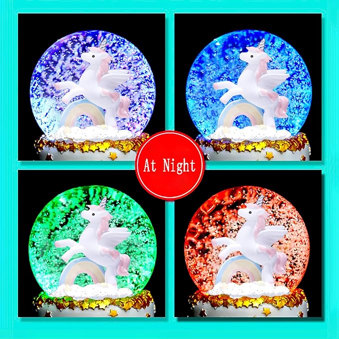 Rainbow Unicorn Snow Globe Automatic Rotating Snow Flakes with Coloful Light Music Christmas Birthday Presents Gifts for Kids Girls Baby Sister Daughter Granddaughter Women Mom Grandma