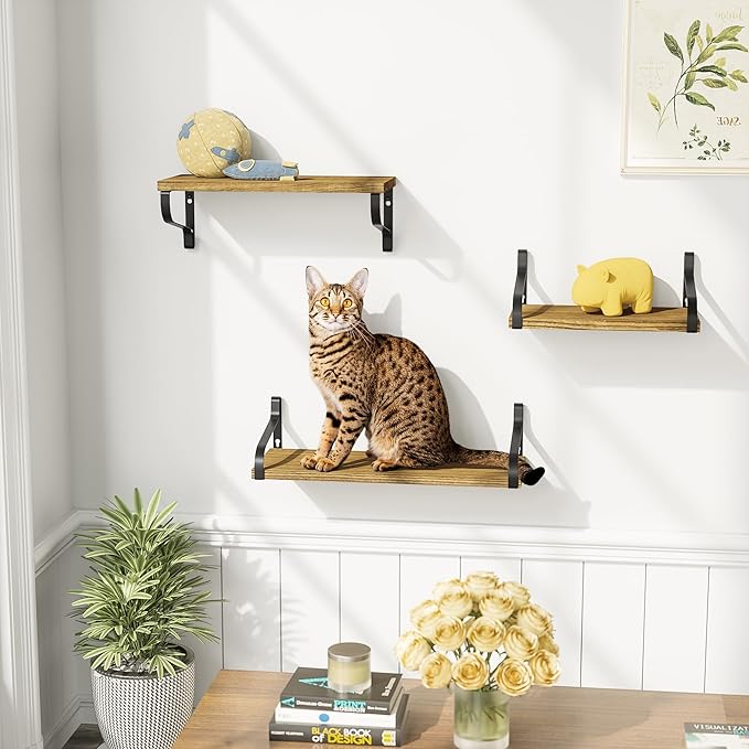 Love-KANKEI Floating Shelves Wall Mounted Set of 3, Large Wood Wall Shelves for Storage, Rustic Shelves for Display Bathroom,Bedroom,Living Room,Kitchen,Office and More Carbonized Black