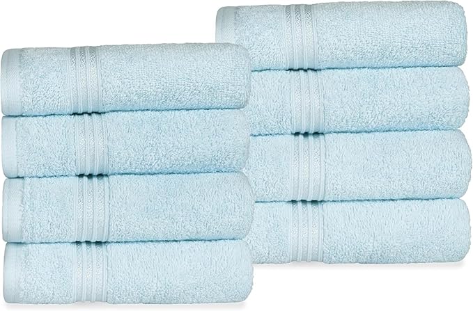 Superior Egyptian Cotton 8-Piece Hand Towel Set, Towel Basics For Quick Dry, Absorbent Small Towels, Facial, Spa, Kitchen, Bathroom Essentials, Apartment, Guest Bath, Soft, Washcloth, Light Blue