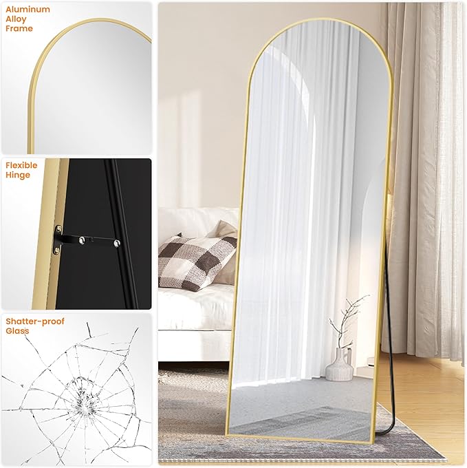 Full Length Mirror, 70"x24" Arched Standing Floor Full Body Mirror for Wall with Aluminum Alloy Frame for Bedroom, Living Room, Dressing Room(Gold)