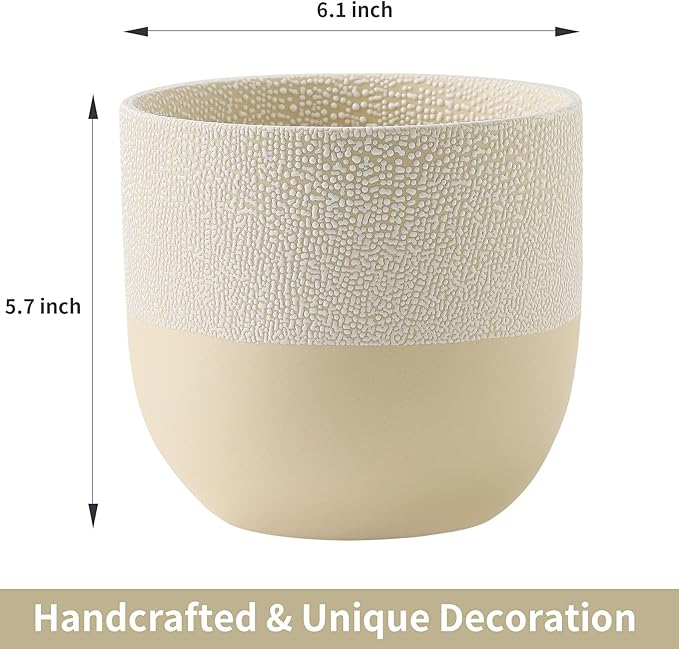 UBEE Ceramic Flower Pot Plant Pot for Indoor Plants | 6 inch Planter with Drainage Hole for Aloe, Snake Plants, Pothos, Orchid, Succulents, Herbs, Home Decor, Beige