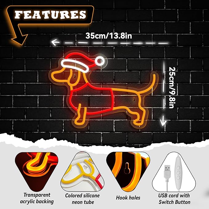 Dimmable Dachshund Neon Sign - Cute Dog with Christmas Hat - Led Light Sign for Home, Bedroom, Party Decor