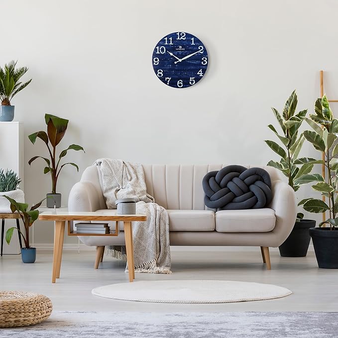 Lafocuse 12 Inch Silent Navy Blue Wall Clocks for Kitchen Living Room Decor, Wooden Rustic Wall Clock Battery Operated, Decorative Farmhouse Clock