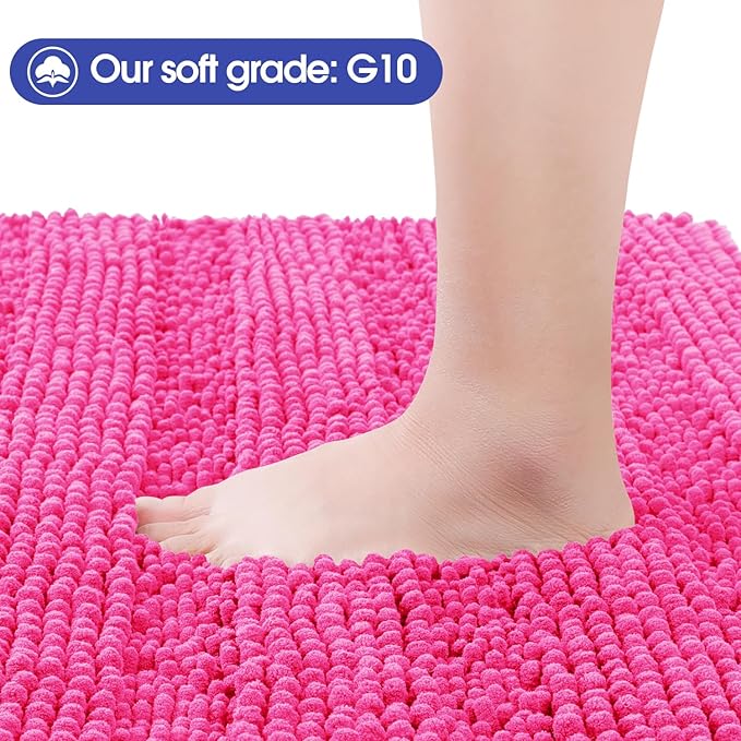 ACCUMTEK Striped Hot Pink Bathroom Rug Set 3 Pieces Ultra Soft, Non Slip Chenille Toilet Mat, Absorbent Plush Shaggy Bath Mats for Bathroom, Bedroom, Kitchen, Peach