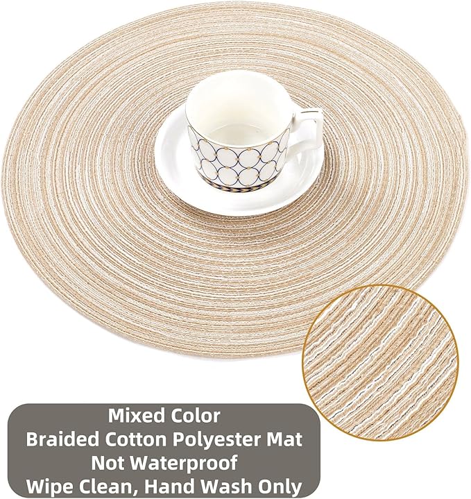 SHACOS Round Braided Placemats Set of 4 Round Table Mats for Dining Tables 15 inch Washable Kitchen Table Place Mats Indoor (Beige, 4)