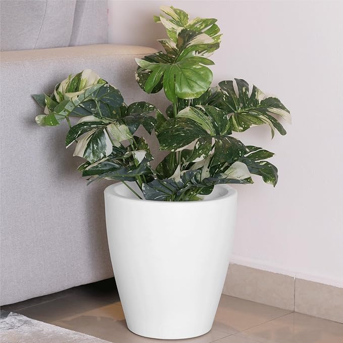 Elly Décor 12 inch Planter for Garden with Drainage, Large Round, Lightweight & Extremely Durable, Deck Indoor/Outdoor Plastic Pot, 12"x12"x7", White