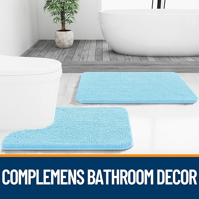 OLANLY Bathroom Rugs 30x20, Extra Soft Absorbent Chenille Bath Rugs, Rubber Backing Quick Dry, Machine Washable Bath Mats for Bathroom Floor, Tub and Shower, Home Decor Accessories, Sky Blue