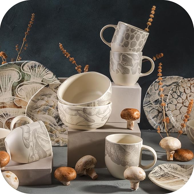 Corona 16–piece Earth Tones Fungi Mushroom Design Ceramic Dinnerware Sets | Plates Bowls and Mugs Set | Service For 4 | Ziba