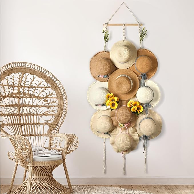 Macrame Hat Hangers for Wall Wide Brimmed Hat Holder Storage 10 Clips Hat Rack Organizer for Wall Display Boho Decor for Fedora Sun Hats Straw Panama Closet Bedroom Gifts for Mom
